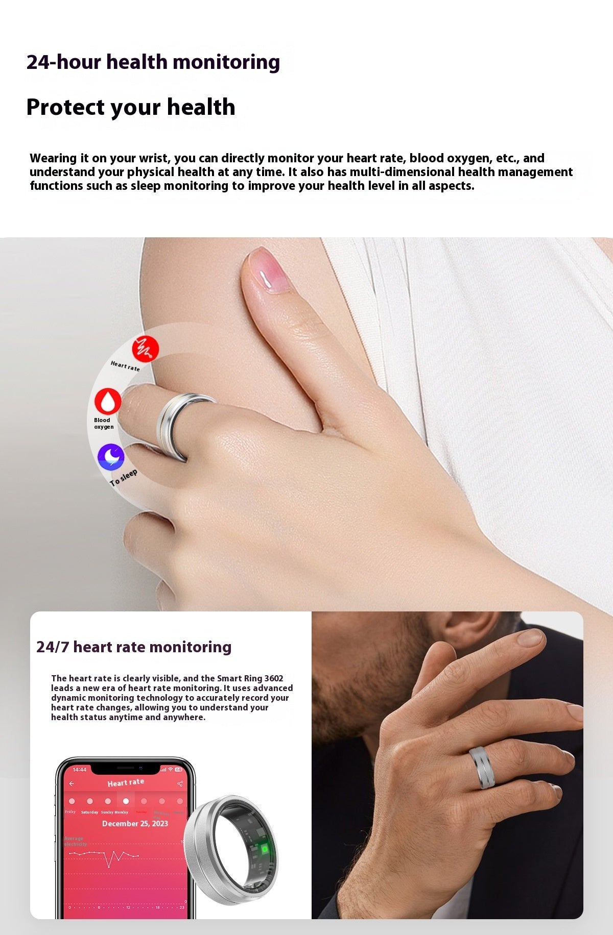 Smart Ring for Men and Women β Heart Rate, Blood Oxygen Monitor, Multi-Sport Modes, Sleep Tracker, IP68 Waterproof, Compatible with Android & iOS
