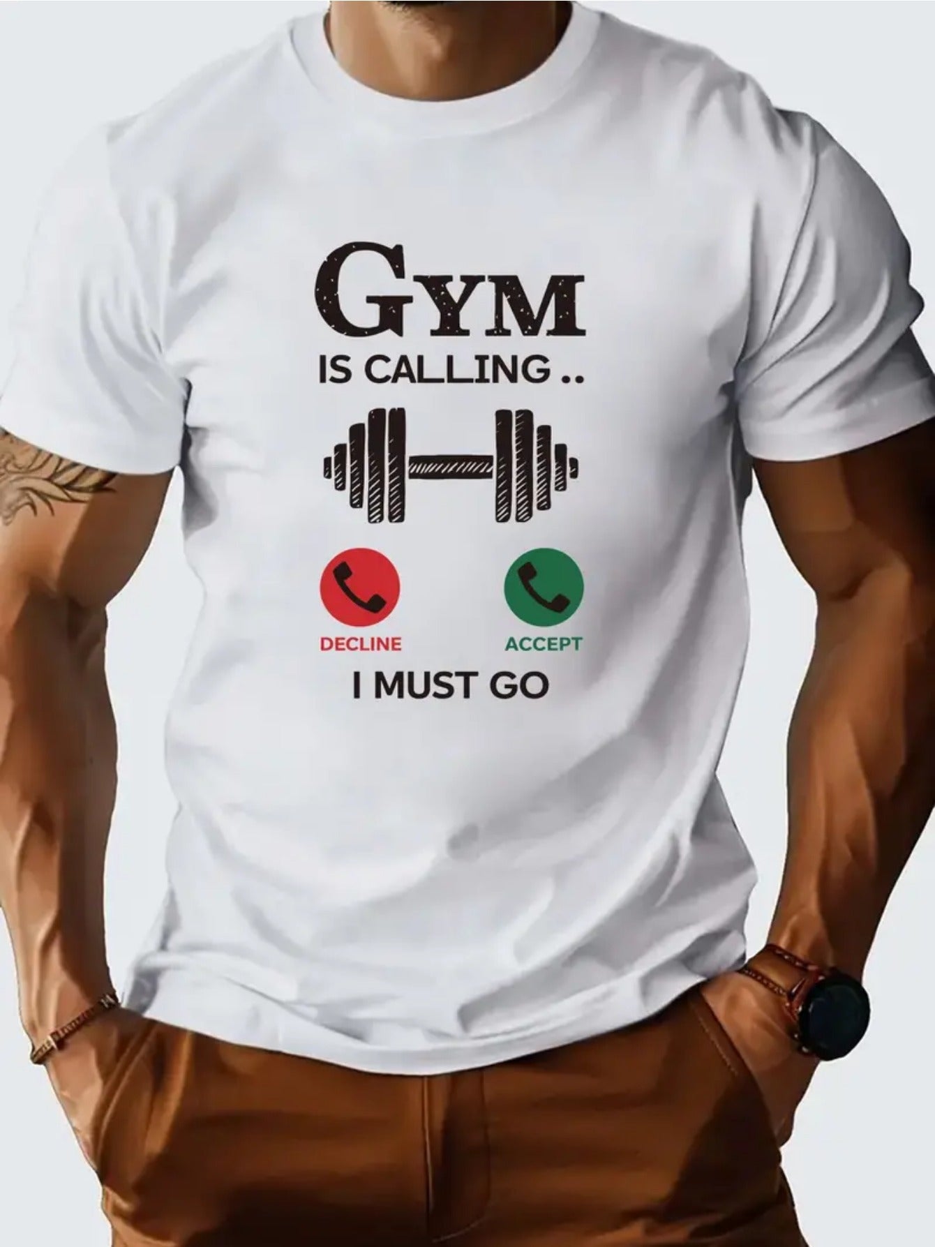 GYM IS CALLING Letter Graphic T-Shirt - Cotton Short Sleeve Tee for Men