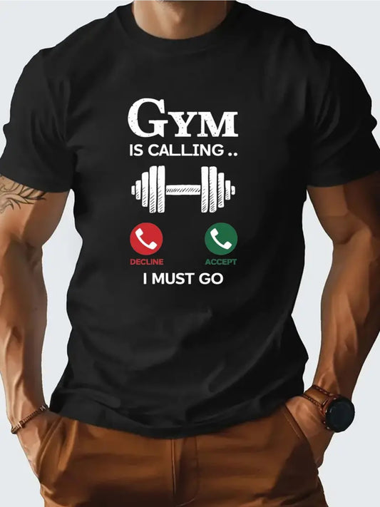 GYM IS CALLING Letter Graphic T-Shirt - Cotton Short Sleeve Tee for Men