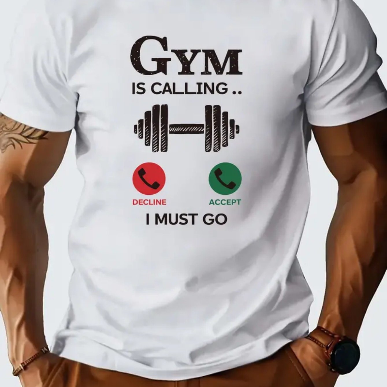 GYM IS CALLING Letter Graphic T-Shirt - Cotton Short Sleeve Tee for Men