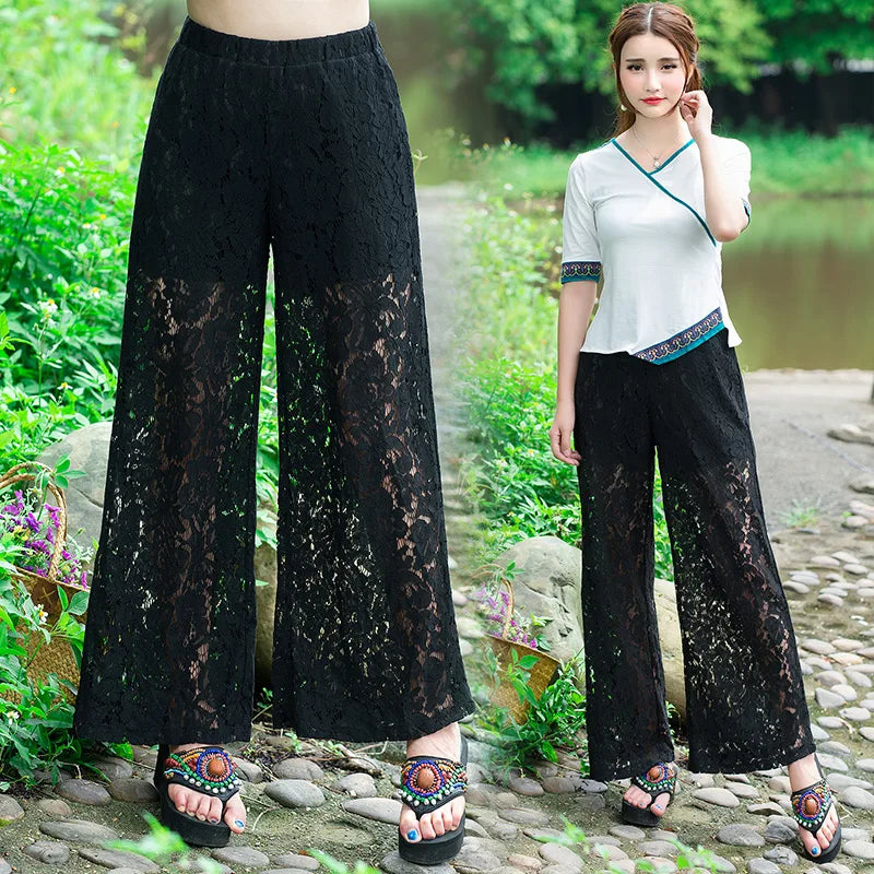 Summer Chic: Women's Solid Color Hollow High Waist Wide Leg Pants