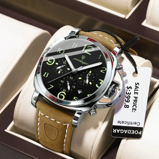 POEDAGAR Luxury Military Watch for Men - Waterproof Luminous Leather Quartz Sports Watch