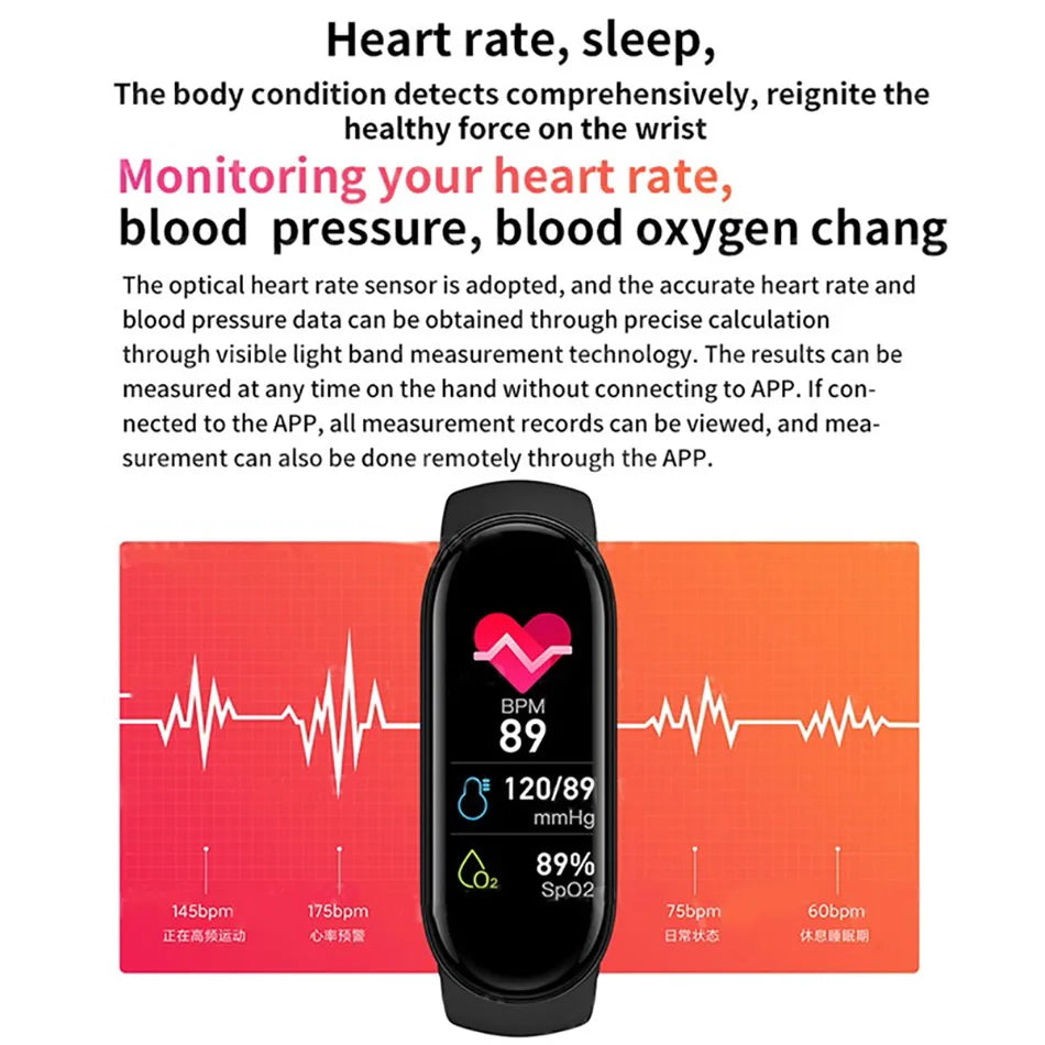 M6 Smart Watch Men Women Fitness Smart Bracelet Sports Band Heart Rate Blood Pressure Monitor Waterproof Multi-function Watches