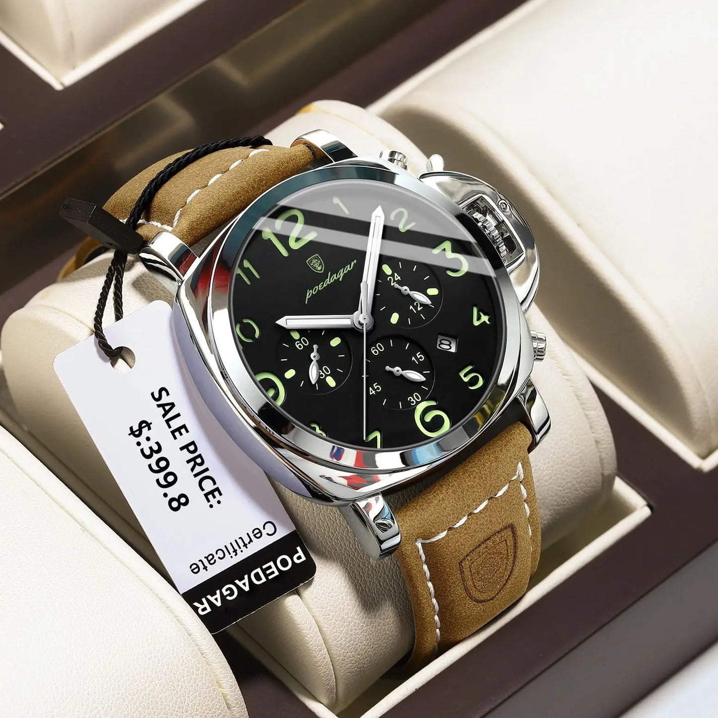 POEDAGAR Luxury Military Watch for Men - Waterproof Luminous Leather Quartz Sports Watch