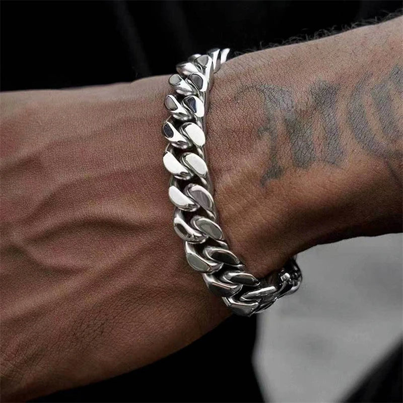 Stainless Steel Cuban Chain Bracelet for Men - Classic Punk Heavy Wristband