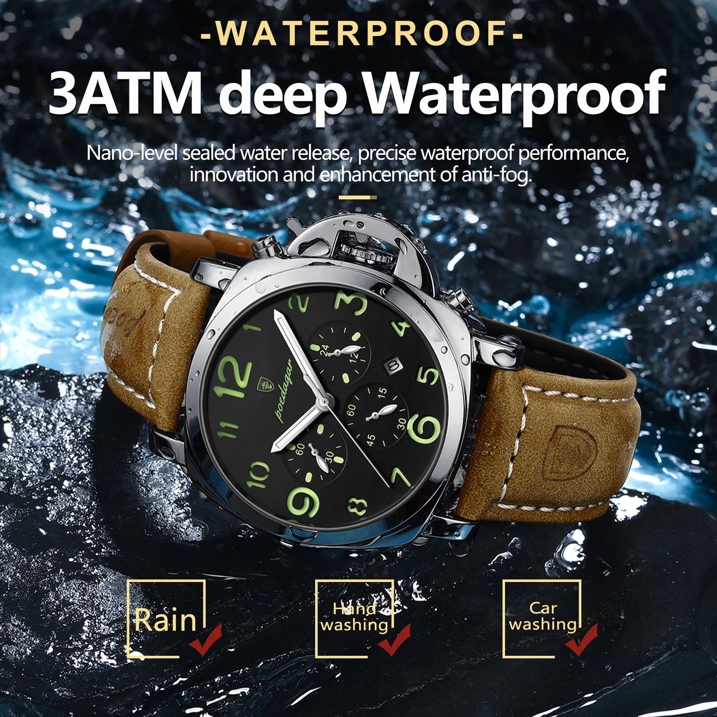 POEDAGAR Luxury Military Watch for Men - Waterproof Luminous Leather Quartz Sports Watch