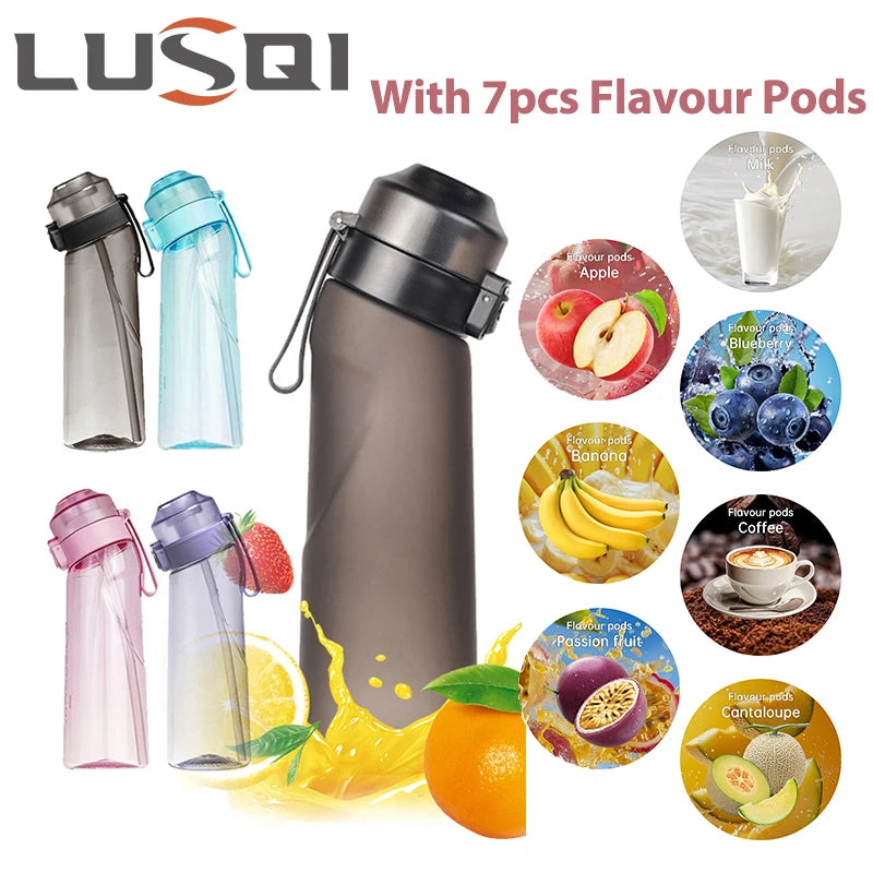 LUSQI Air Flavored Water Bottle with 7 Flavor Rings | Tritan Plastic Straw Cup for Outdoor Sports & Fitness